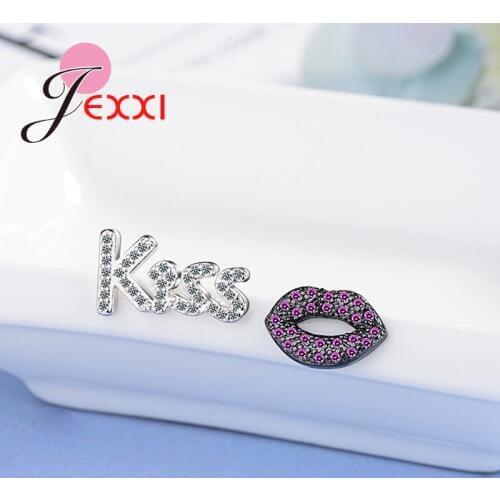 Unique Design Sexy Lips Shaped With Kiss Letters Pave 3A Cubic Zirconia Stones Real 925 Sterling Silver Women Stud Earring