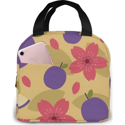 Vintage Geometric Plum Fruit Flowers Lunch Bag Portable Insulated Thermal Cooler Bento Lunch Box Tote Picnic Storage Bag Pouch