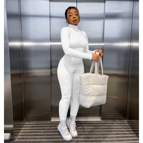 RMSFE 2021 Long Sleeve Casual Fashion Tight Sexy Solid Color Pit Stripe Stand Collar Women Long Jumpsuit