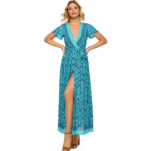 Happie Queens Women floral print short sleeve beach long Bohemian dresses Ladies deep v-neck rayon Boho maxi dress vestidos