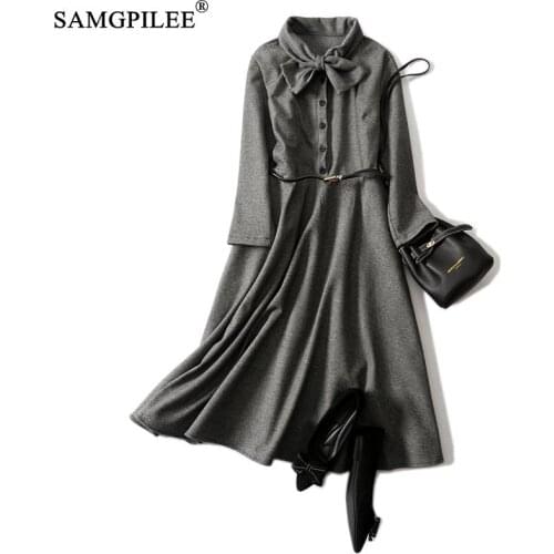 Winter Dresses For Parties Office Lady A-line Plaid Wrist Sleeve Sashes plus size Empire Turn-down Collar Dress For Women 4XL
