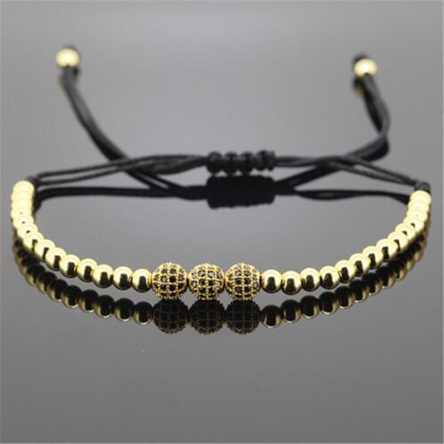 1pcs famous brand men bracelet 24K gold 4mm round Beads & 6mm black micro pave CZ beads briading macrame women bracelet