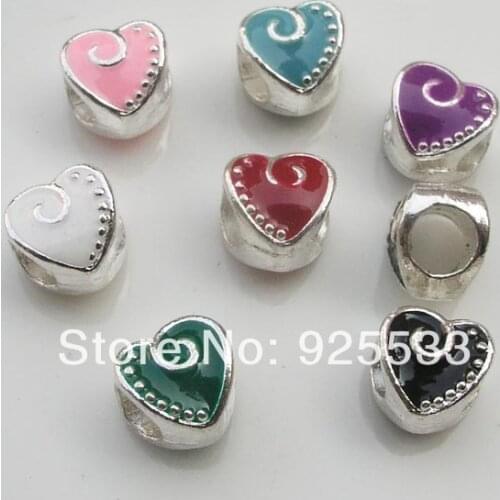 Free shipping 100pcs/lot mix color oil-drip silver plated big hole heart beads fit European DIY bracelet jewelry