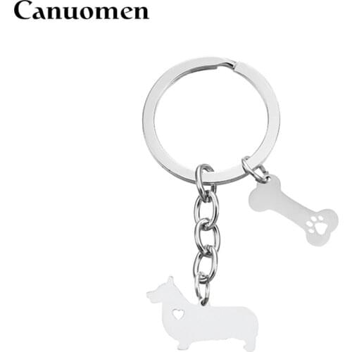 Canuomen Corgi Keychain Pet Dog Bone Hollow Claw Stainless Steel Keyrings Dog Lovers Car Key holder DIY Fashion Gift Jewelry