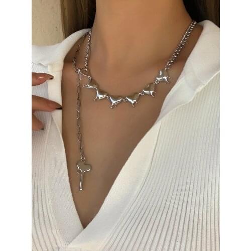 Lifefontier Gothic Heart-Shaped Chain Irregular Love Heart Pendant Necklaces for Women Silver Color Metal Chain Necklace Jewelry