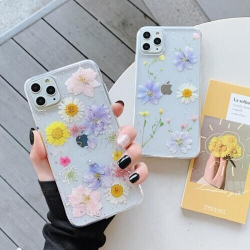 Dry Sunflower Flower Phone Shell For iPhone 12 11 Pro Max X XR XSMax 7 8 Plus SE 2020 Phone Case Real Flower Clear Soft TPU Case