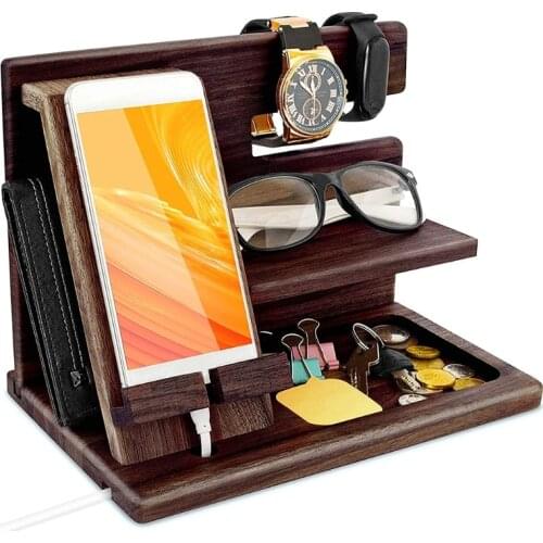 Wooden Phone Holder Docking Station Wallet Stand Watches Purse Glasses Key Storage Box Desk Display Organizer Bedside Mens N0PA