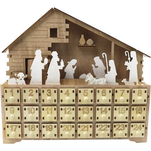 Nativity Manger Scene Wooden Advent Calendar Battery-Operated LED Lighted Christmas Countdown Ornament with Drawer Decor