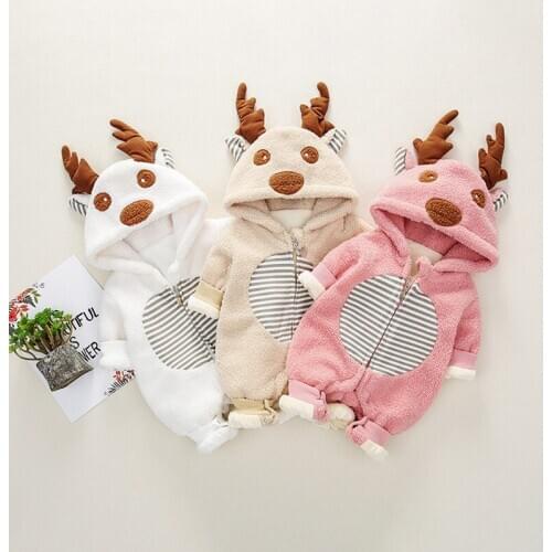 Newborn Baby Rompers Autumn Winter New Baby Boys Girls Clothes Cartoon Long Sleeve With Hooded Thickened Velvet Zipper Outfit