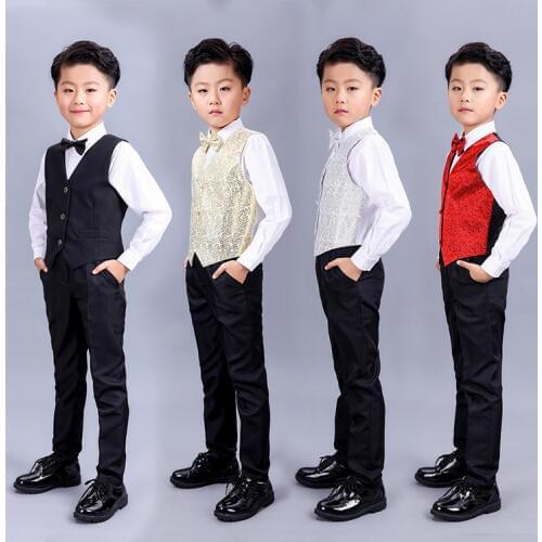 Children Formal Vest Dress Suit Sets New Years Day Kids Chorus Costume Wedding Flower Boys Vest Pants Shirts Bowtie 4pcs Outfit