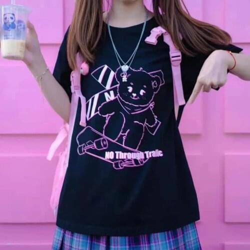 Black Tshirt Streetwear Loose Summer T Shirt Women Harajuku printing bear Korean version of top female tshirts graphic Tee