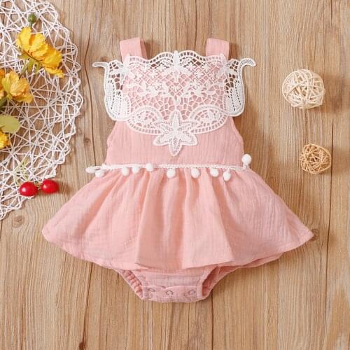Infant Cotton Sleeveless Jumpsuits Kids Baby Girls Lace Romper Square Collar Playsuit with Pom Poms Toddler Summer Outwear