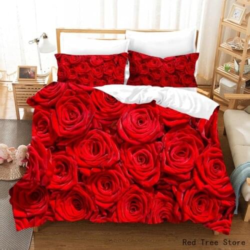 Flower Red Rose Bedding Set Luxury Couple Lover Comforter Duvet Covers & Pillowcase Bedding Set Bed Linen King Queen Single Size