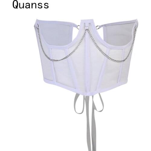 Quanss Metal Chain Underbust Corset Top Women Mesh Gothic Bustier Streetwear Curve Shaper Modeling Strap Slimming Waist Belt