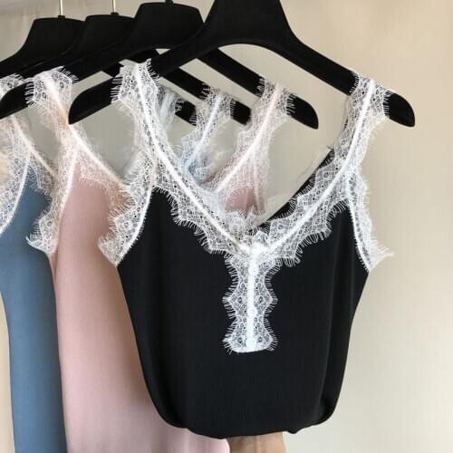 Summer Fashion Solid Women Vest Sweet Lace Sleeveless Knitted Tank Tops