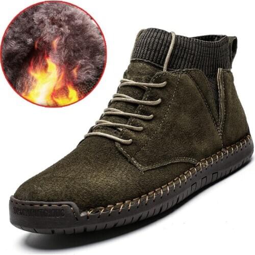 Men Leather Boots Men Winter Plush Boots Warm Shoes Men High Tops Snow Ankle Boots Comfortable Chaussure Homme Safety Work Boot