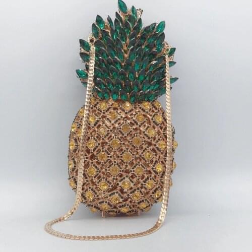 New Arrival Gold Metal Green Rhinestone Evening Purses Women Party Prom Purse Pineapple Shape Shoulder Handbags Dinner Clutches