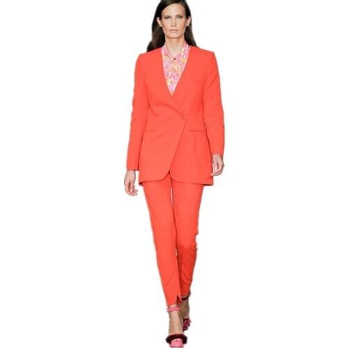 Orange Red Women Business Suits Slim Casual Formal Wear Ladies Elegant Pant Suits Two-Piece Professional Female Office Uniform