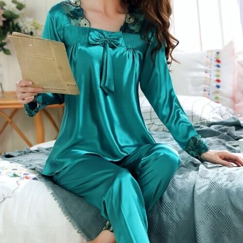 Womens Pajama Sets Casual Sexy Bow Long Sleeve Patchwork Top With Solid Pant Home Sleepwear Set