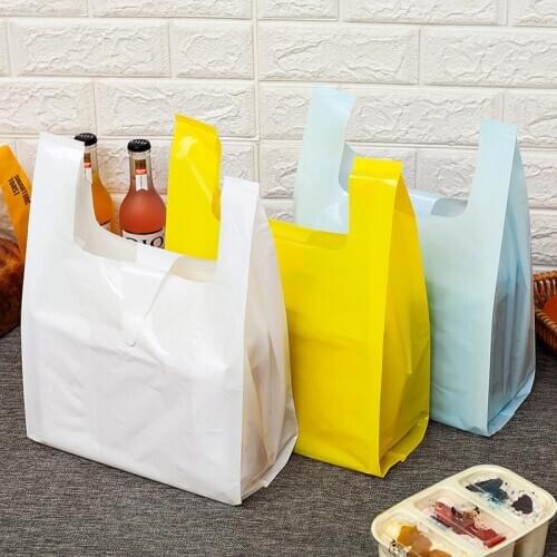 50Pcs Solid Color Thicken Plastic BagTakeaway Dessert Supermarket Grocery Shopping Plastic Bags with Handle Food Packaging Bag