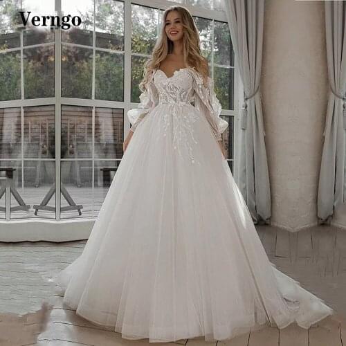 Verngo 2021 New Design Off the Shoulder A Line Wedding Dress Puff Long Sleeves Straps Lace 3D Flowers Tulle Bridal Gowns