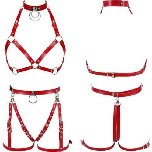 Harness Leather Set Red Garter Belt Punk Goth Plus Size Women Bra Cage Top Chest Rivet Sexy Waist Leg Suspender Dance NightClubs