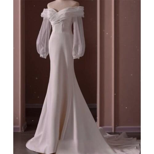 Simple Off-Shoulder French Style Sweep Train Wedding Dress Elegant Soft Satin Sheath Bridal Gowns vestidos de mairee Wedding