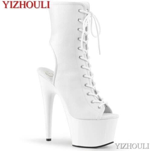 17 cm see-through stiletto heels, sexy 7 inch ankle boots, open-toe matte black shoes, party club, model pole dancing shoes