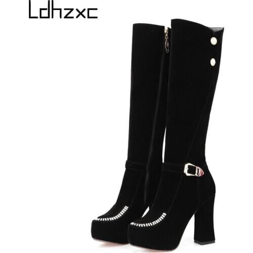 LDHZXC Autumn Women Winter Boots Fashion Ladies Suede Leather Zipper Knee High Boots Square High Heel Women Shoes Size 34-43