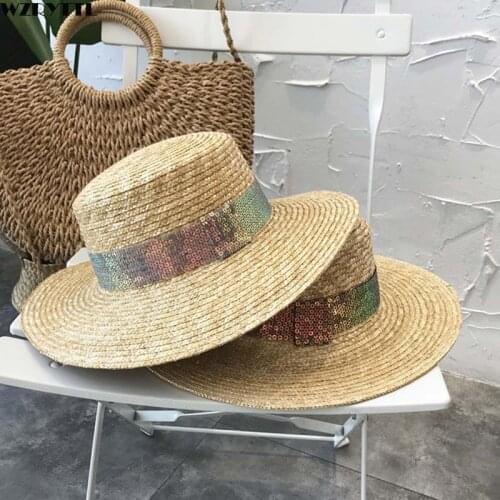 Handmade Women Flat Wheat Straw Hat Sequin Band Wide Brim Sun Hat Travel Hat Beach Girl Canotier Summer Derby Church Hat 55-58cm
