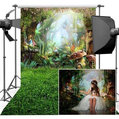 Fairy Forest Backdrop Pink Flower Tree House Mushroom Photography Background Wonderland Jungle Photography Backdrops