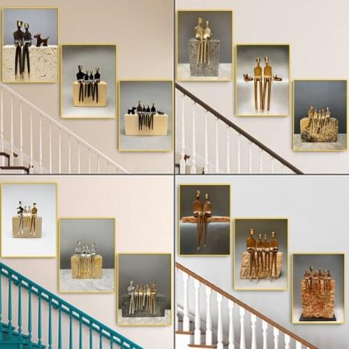 Modern Abstract Couple family Metal Statue Sculpture Wall Art Canvas Painting Prints Pictures Poster for Living Room Home Decor