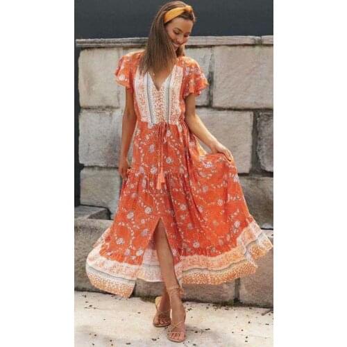 TEELYNN Rayon Orange Floral Printed Long Dresses For Women Vintage V neck Drawstring waist Boho Beach Summer Vestidos 2021 Robe