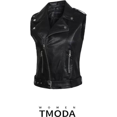 TMODA257 New Fashion Women Spring Autunm Black Faux Leather Vest Jackets Lady Bomber Motorcycle Cool Outerwear Coat with Belt