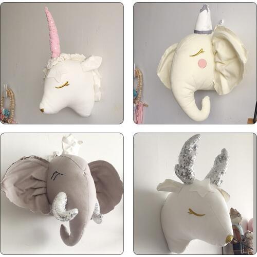 Kids Room Decoration 3D Animal Heads Elephant Sheep Stuffed Toys Wall Hanging For Baby Room Nursery Decor Girl Birthday Gift