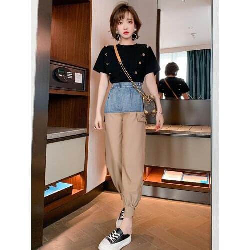 High waist color contrast stitching personalized chain fashion versatile corset casual pants for women 2021 Spring new