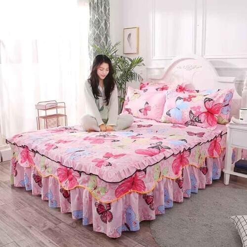 WOSTAR 3pc butterfly print bed Skirt king size bed sheet and pillowcase home textiles luxury bedding Floral elastic Fitted Sheet