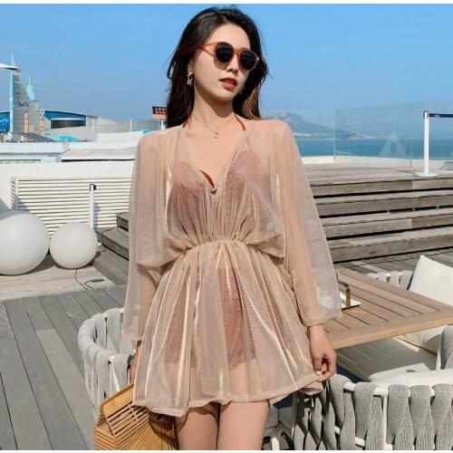 Women Beachwear Fairy Long Sleeve Separate Swimsuit Bikini For Girls Korea Sexy Thin Cover Belly Boxer Ins Hot Spring Swimwear