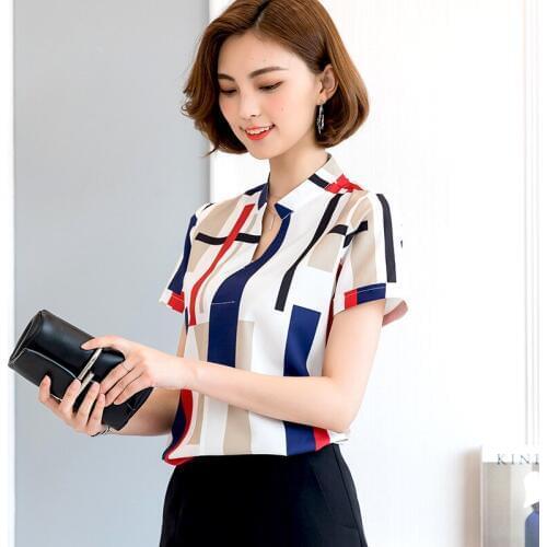 Printed Plaid Shirt Women Short Sleeved Korean Summer New Chiffon Blouse Clothes Ladies V Collar All-match Work Top Shirts H9025