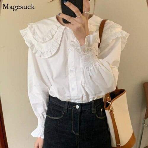 Women Korean Sweet Ruffles Vintage Women Tops And Bloues New Arrival Long Sleeve White Blouse Casual Cotton Shirt Women 12392