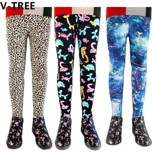V-TREE Baby Girls Leggings Leopard Thick Warm Children Vintage Flowers Kids Pants Plus Velvet Trousers Autumn Winter