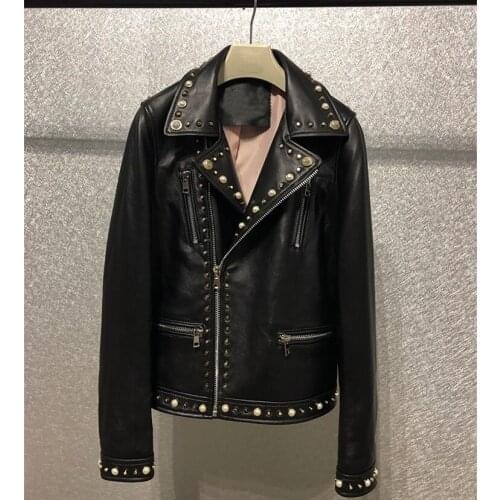 High quality genuine rivets Womens moto & Biker jackets Spring autumn sheepskin leather short coat D946