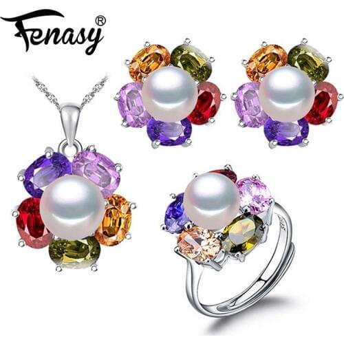 FENASY 925 Sterling Silver Pearl Jewelry Sets Natural Pearl Stud Earrings For Women Flower Pendant Necklace Evening Party Ring