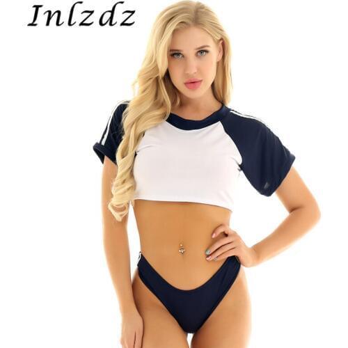 Womens Anime Cosplay Costume Japanese Girls School Uniform Cheer Round Neck Crop Top with Underwear Student Role Play Clothing