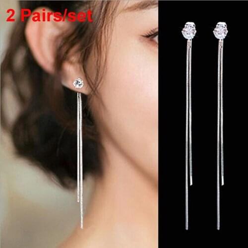 2pair/set Gold Silver Long Chain Tassel Earrings Rhinestone Hanging Drop Dangle Ear Line for Women Box Chain