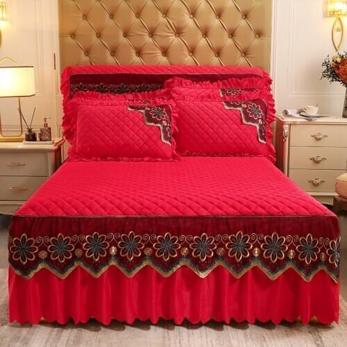 2020 new Thickened quilted crystal velvet Bed spread Fitted Sheet Pillowcases 2/3Pcs Luxury embroidered lace princess Bedding