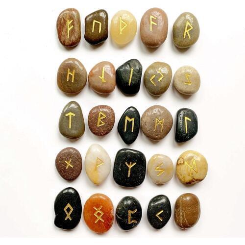 25pcs Natural Engraved Chakra River Stones Rune Stones Set Fortune Telling Divination Tumbled Stones Amulet & Free Bag