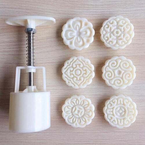 6pcs 3D Flowers Stamps Moon Cake Decor Mould Barrel Round Mooncake Mold 50g Pastry Mooncakes Hand DIY Tool