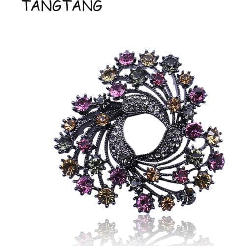 TANGTANG Brooch Black Tone Colorful Rhinestone Wreath Flower Brooch Pin Classic Women Scarf Jewelry Pins Gorgeous Bouquet BH8432