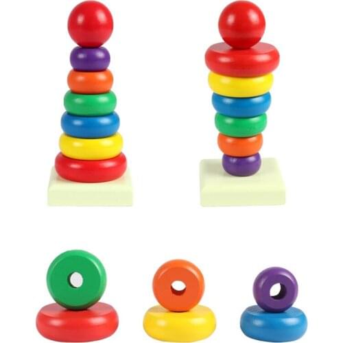 Children Colorful Stack Up Play Montessori Toy Wooden Rainbow Tower Stacking Ring Building Blocks Educational Toys for Baby Kids